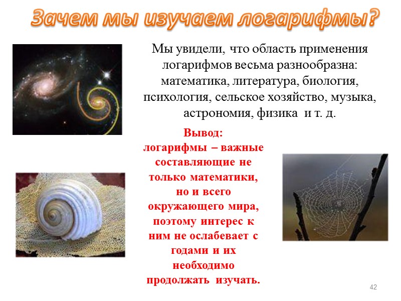 Мы увидели, что область применения логарифмов весьма разнообразна: математика, литература, биология, психология, сельское хозяйство,